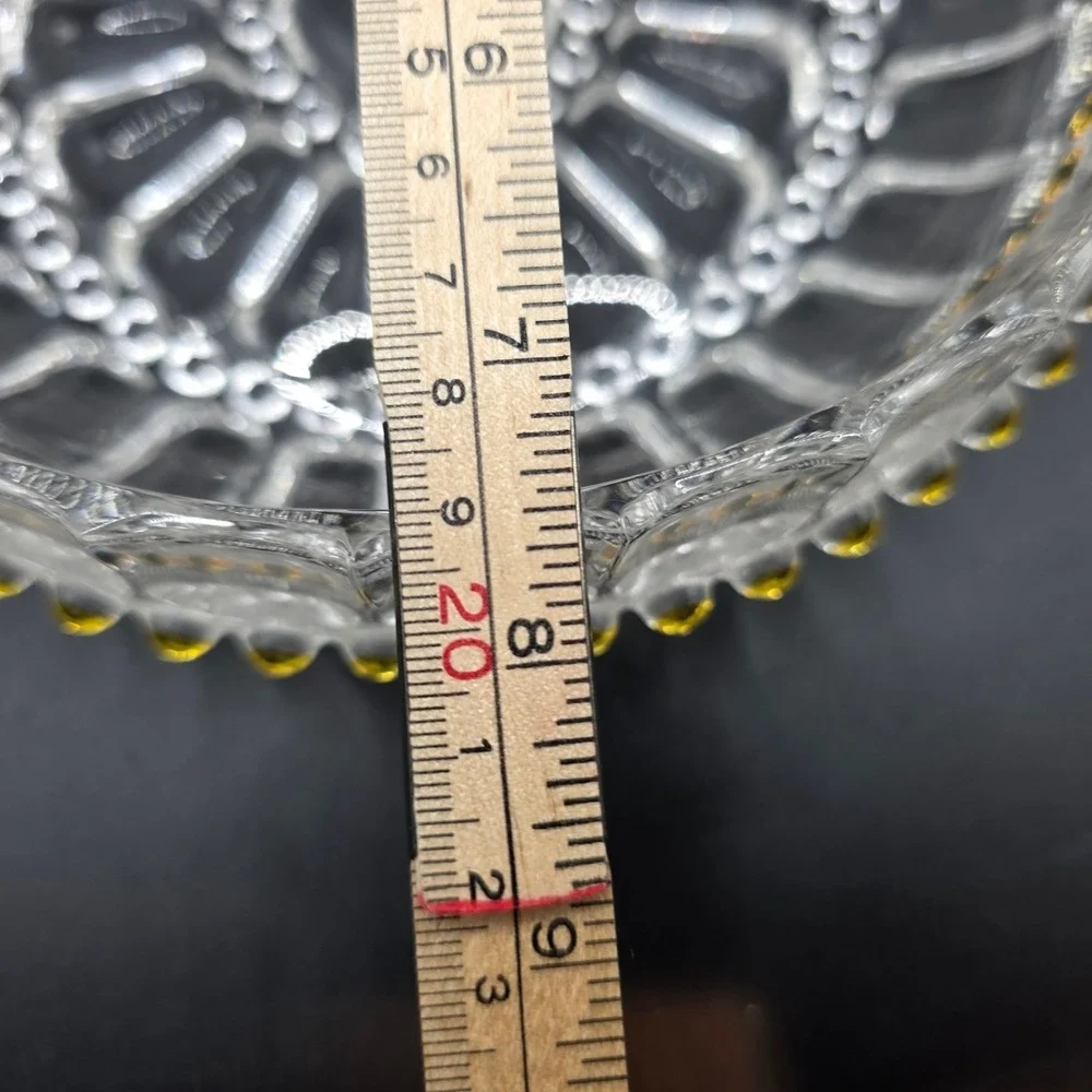 Vintage Pressed Glass Bowl Scalloped Edge Amber Bead Trim Clear Centerpiece 8.5